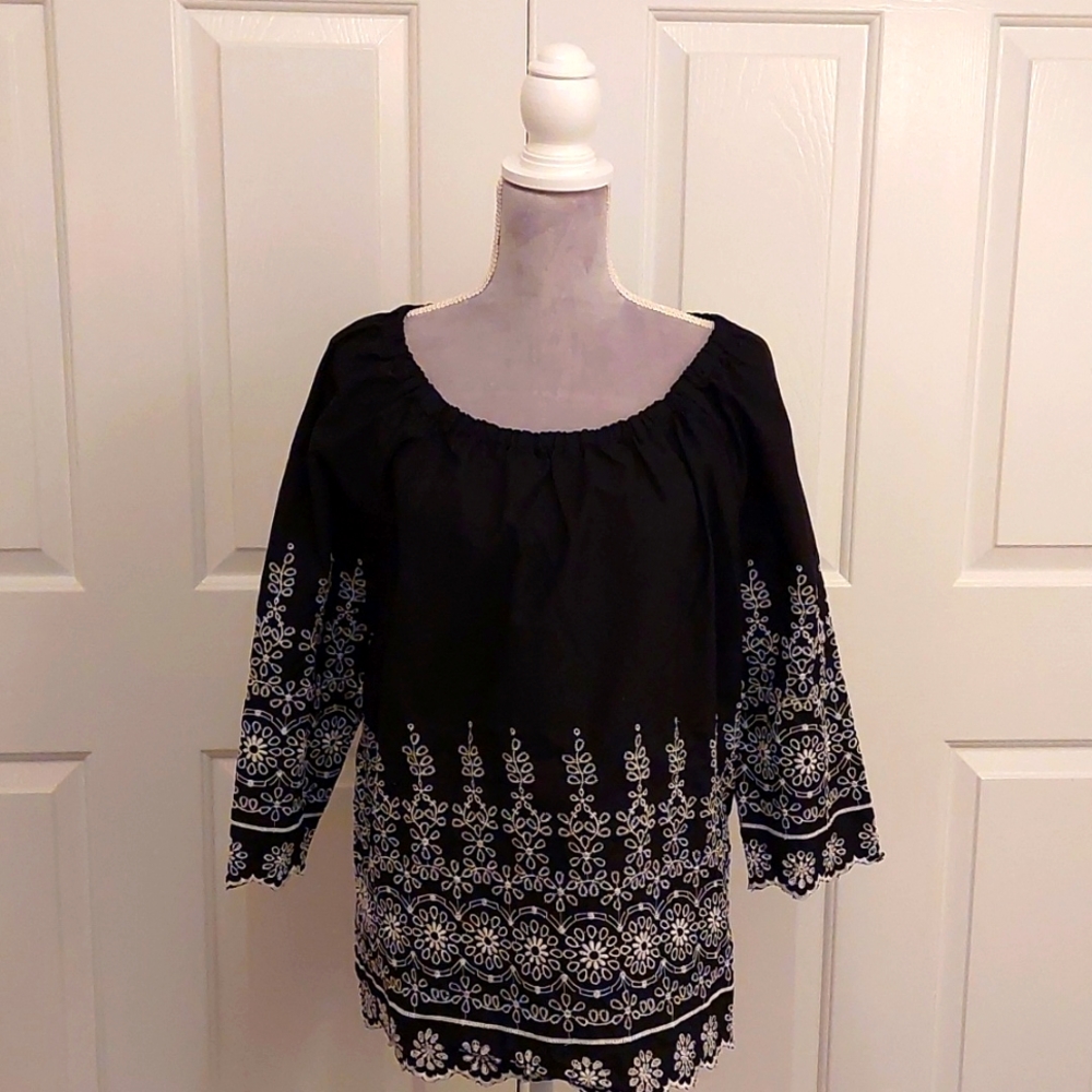 NWOT Talbot black cotton peasant blouse, white embroidery, 1X